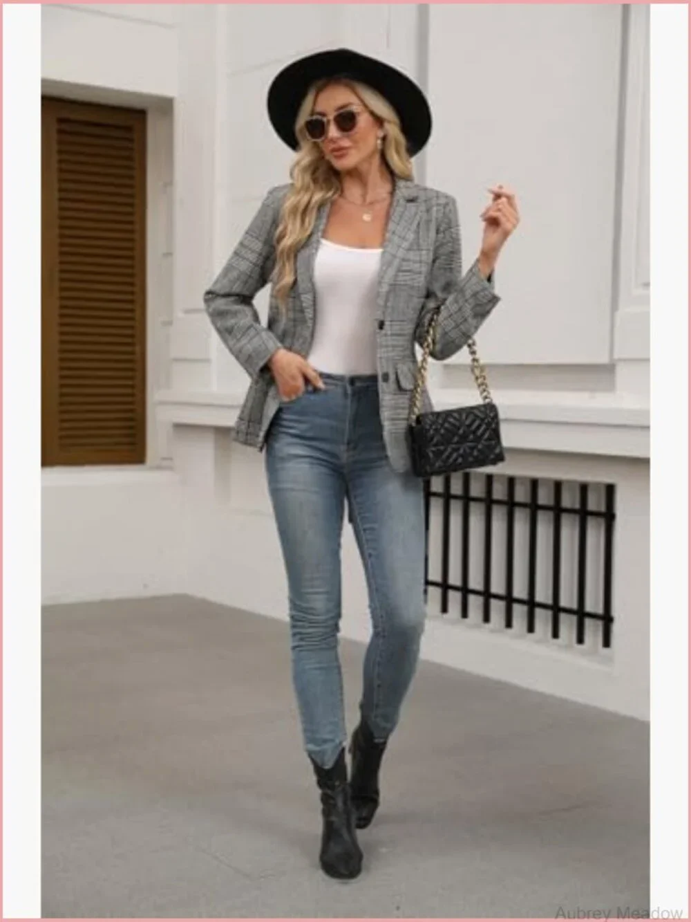 Two Button Boyfriend Blazer Jacket Lapel Collar Houndstooth Plaid Work Office